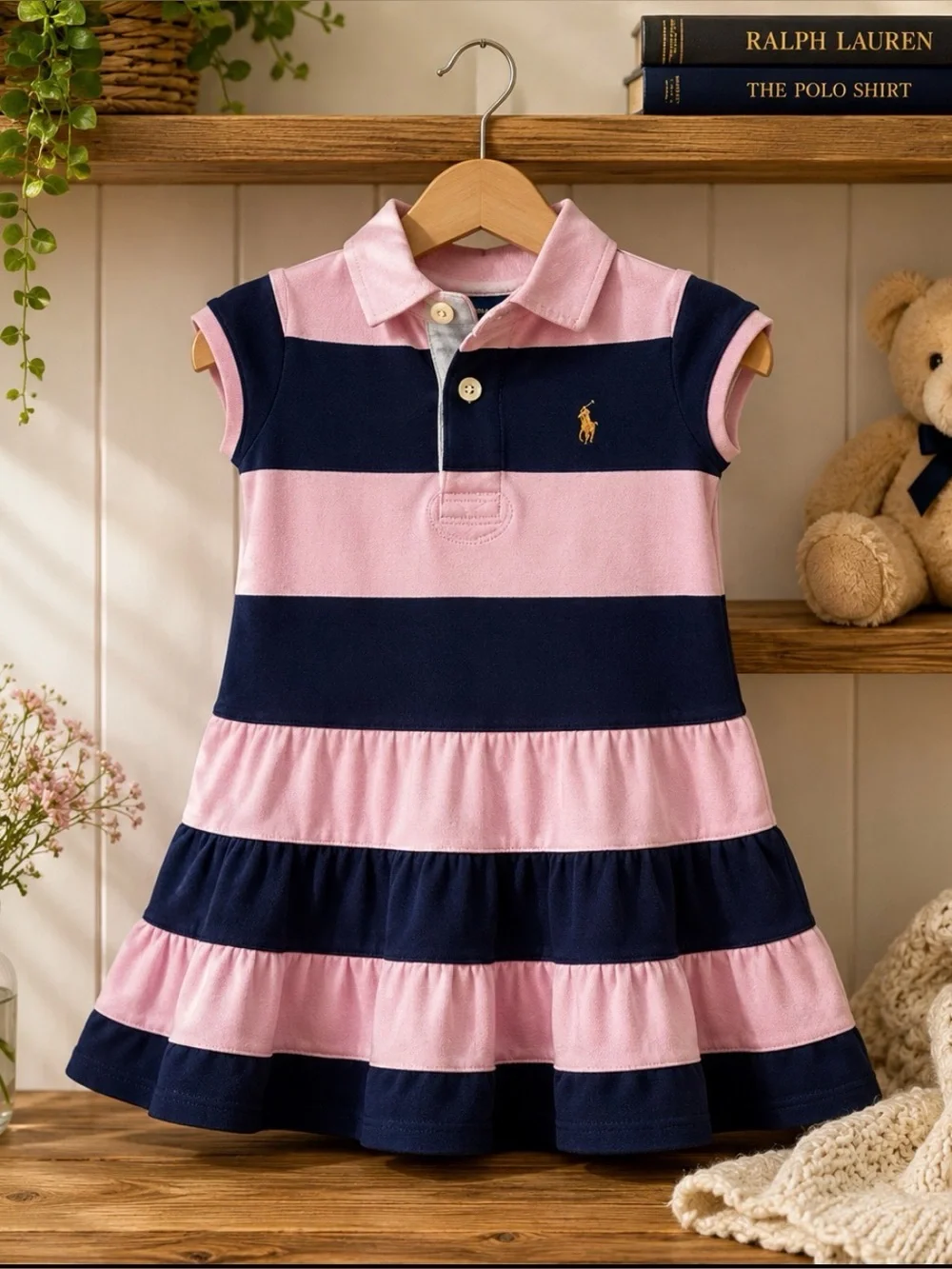 Ralph Lauren Pink and Navy Striped Polo Dress with Embroidered Pony